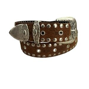 Brown & Silver Metal Studded Leather Belt Y2K Edgy Streetwear Vtg Made in Canada